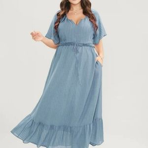 Solid Striped Notched Ties Up Pocket Flutter Maxi Dress bloomchic